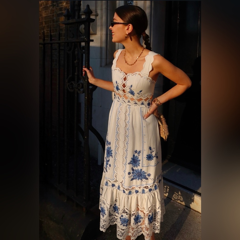 Farm Rio Cross-Stitch Richelieu Linen Blend Dress